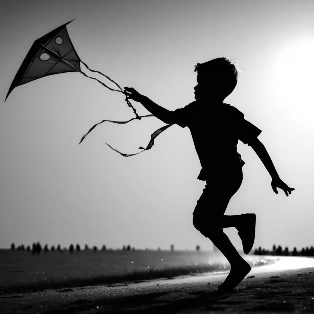  Kite race. Boy with kite, run, silloetta