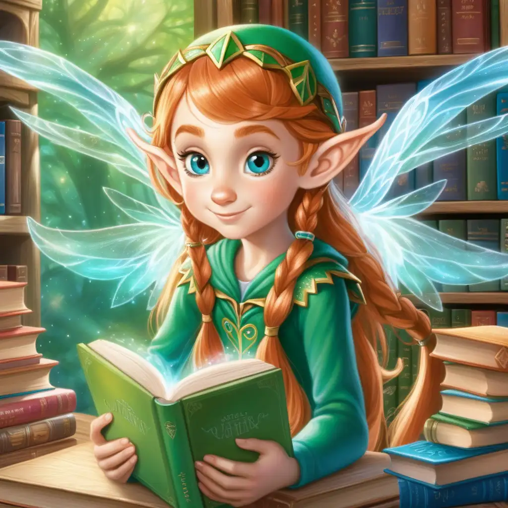 erstell mir Bilder einer Elfe mit schimmernden Flügeln und einer Vorliebe für Rätsel und Bücher. Sie ist Maxis beste Freundin und steht ihm mit ihrer Intelligenz und ihrem Wissen zur Seite.