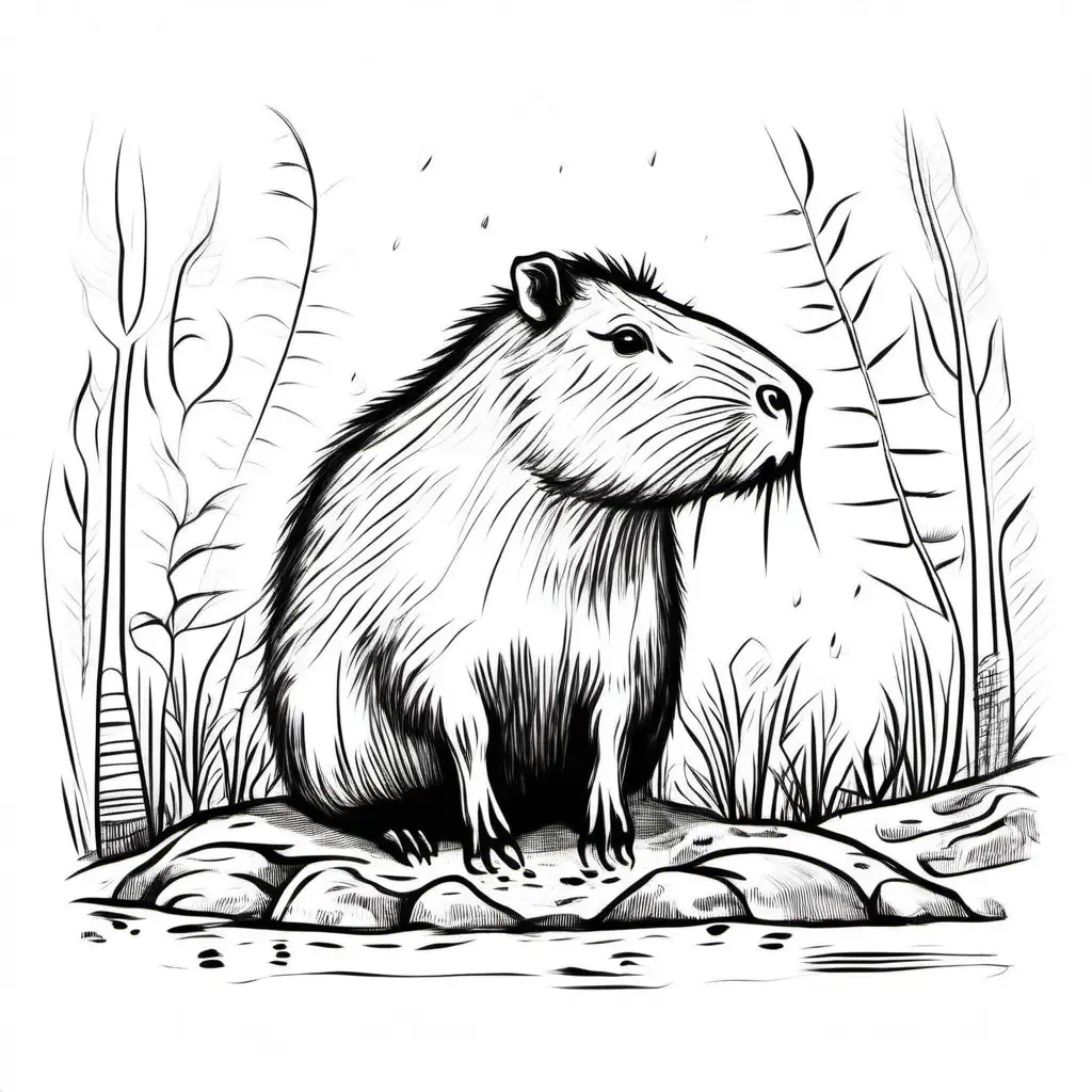 very primitive doodle of a capybara, black and white on a white background