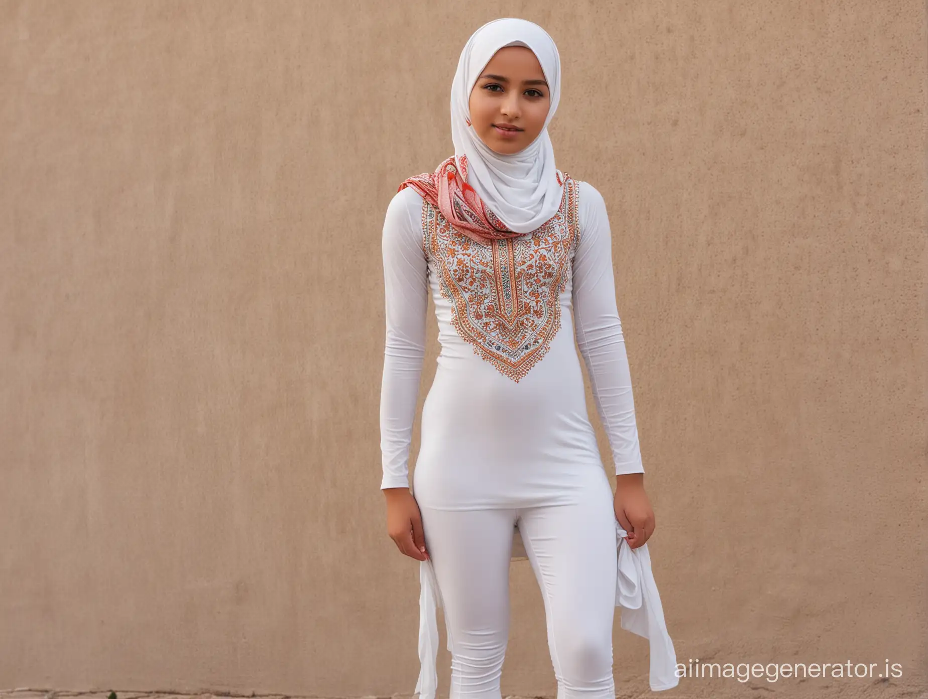12 year, Muslim girl, white leggings ,full body, tight dress