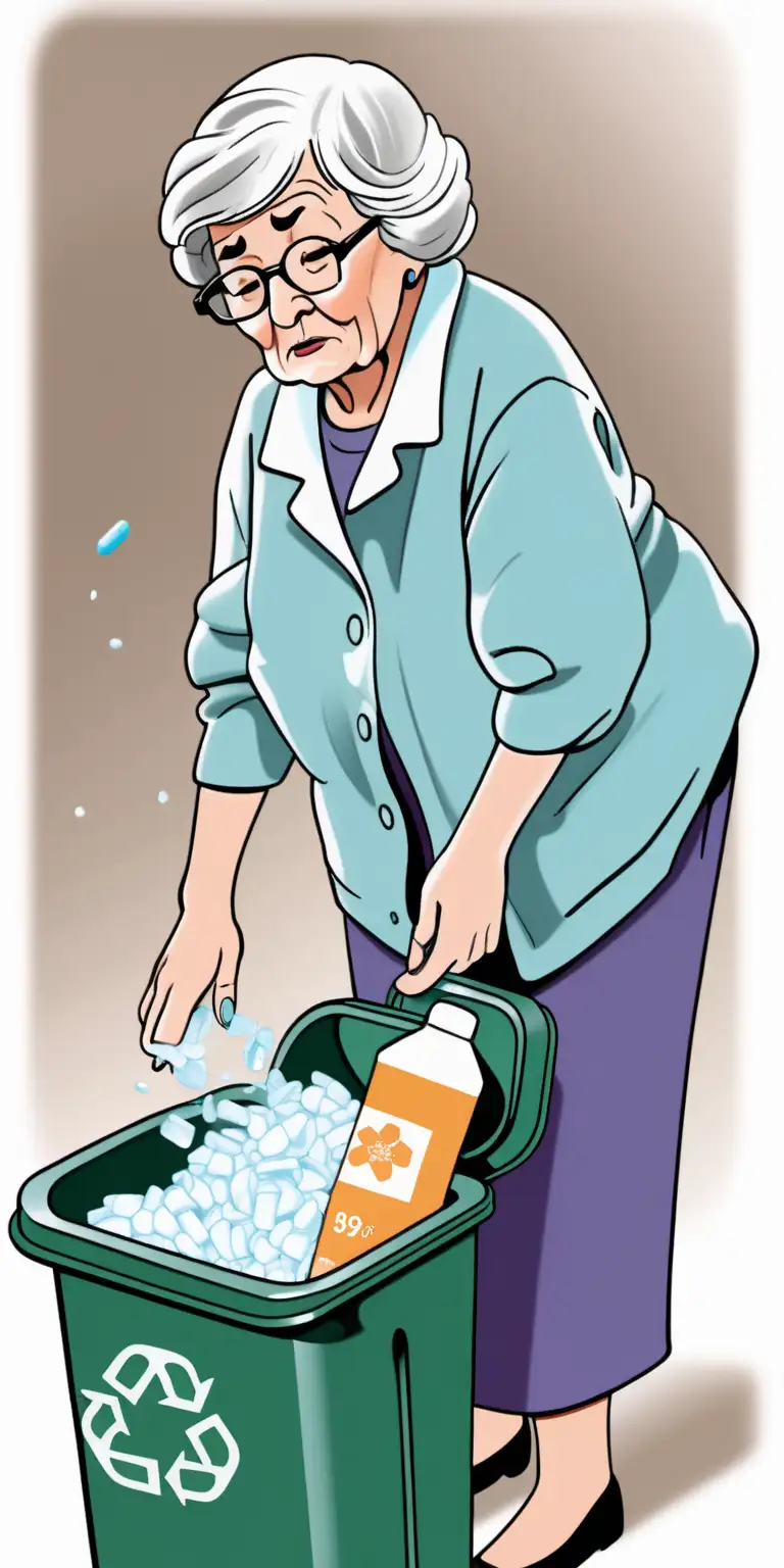 Illustration of Old lady who looks 69 years old throws away allergy products into the trash bin/can
