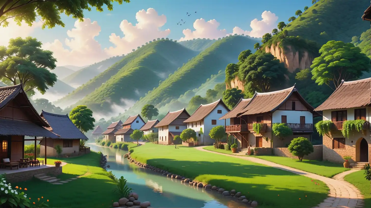 Tranquil Village Nestled Among Lush Hills Landscape Painting