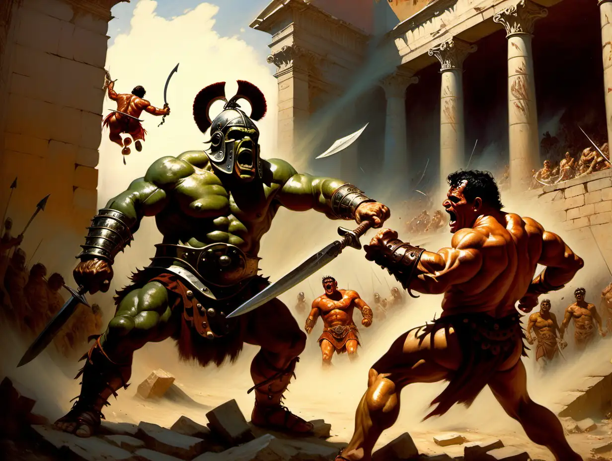 Gladiator fighting ogre in ancient Rome Frank Frazetta style