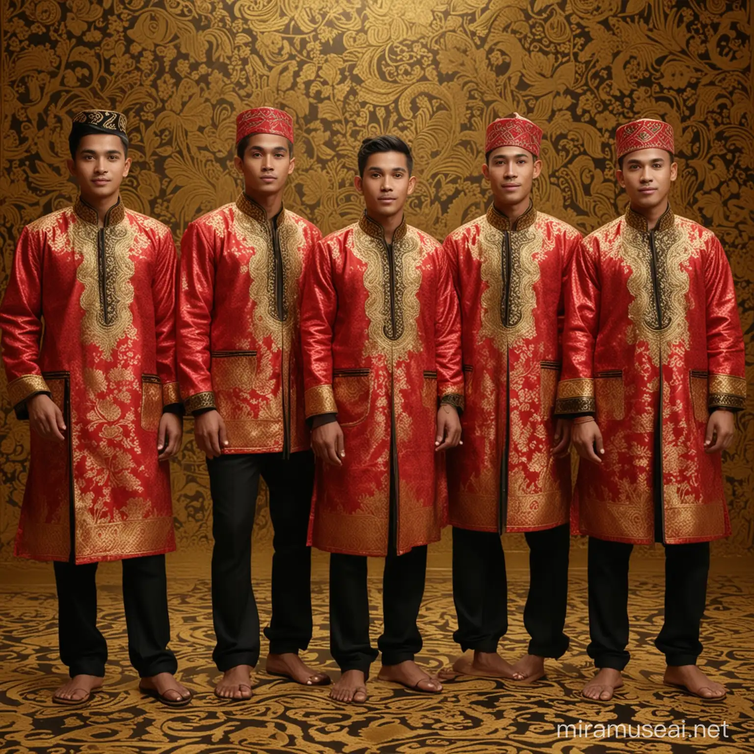 Ten Handsome Young Men in Red Batik Jackets on Gold Background
