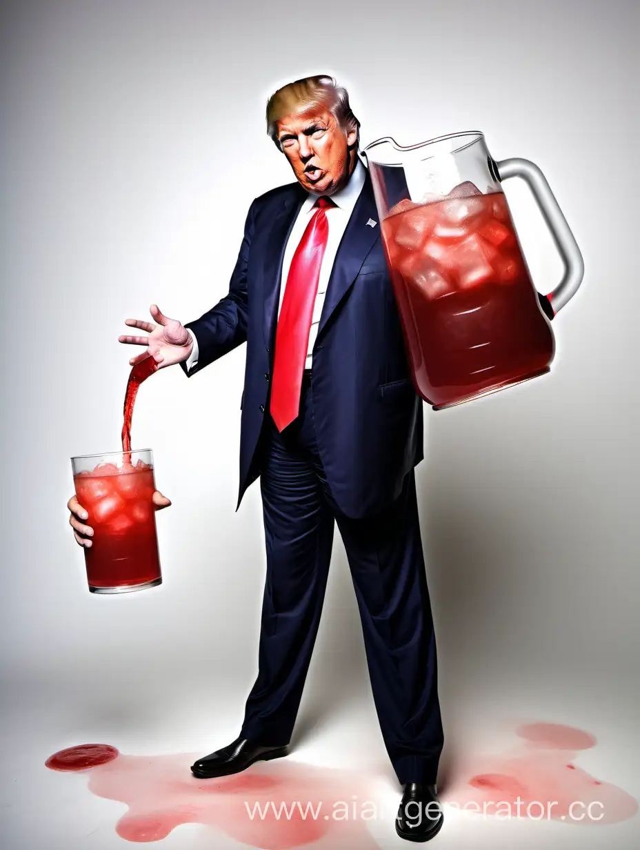 high quality digital photo, white back drop, donald trump, with 12 ounce glass in right hand, pitcher of kool aid in left hand, wide