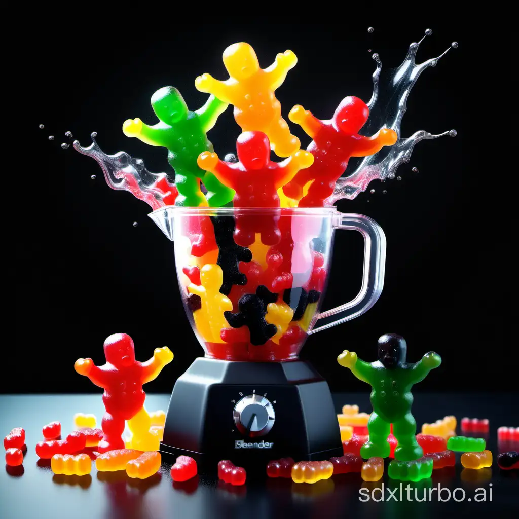 (mixed small gummy men in a blender:1.2), juice, spooky, dark, highly detailed, action-packed, splashes