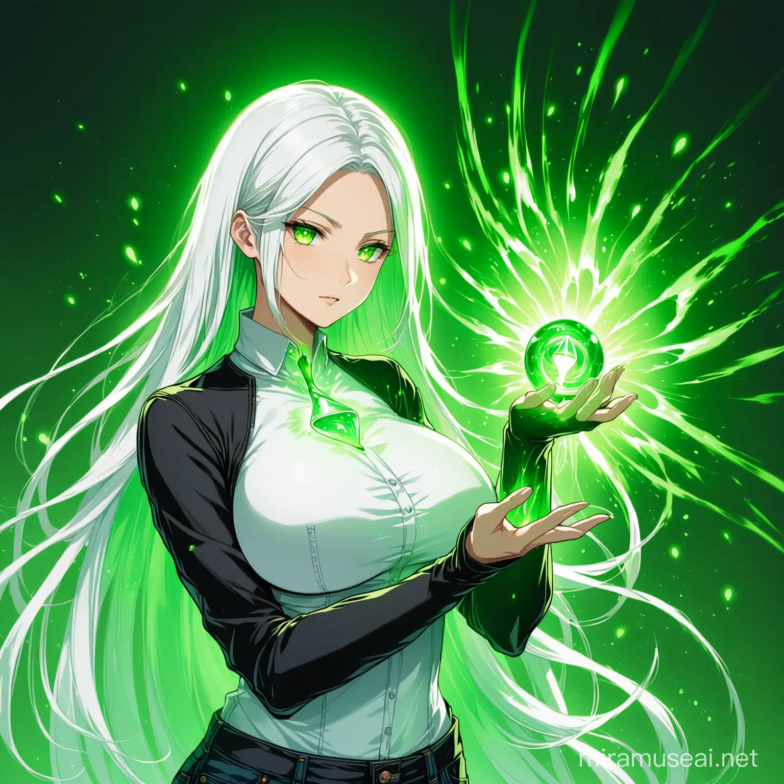 A female character. Her "one hand is completely hardened in black" and "another one is normal". It have green aura coming out of it. She have very big boobs. Her body figure is Hourglass. She is wearing a white shirt, with sleeve folded. With her left hand she is concentrating some green and black energy over her palm. She have long white hair with little bare light green highlights on the hair. She is wearing a jeans. Properly illustrated