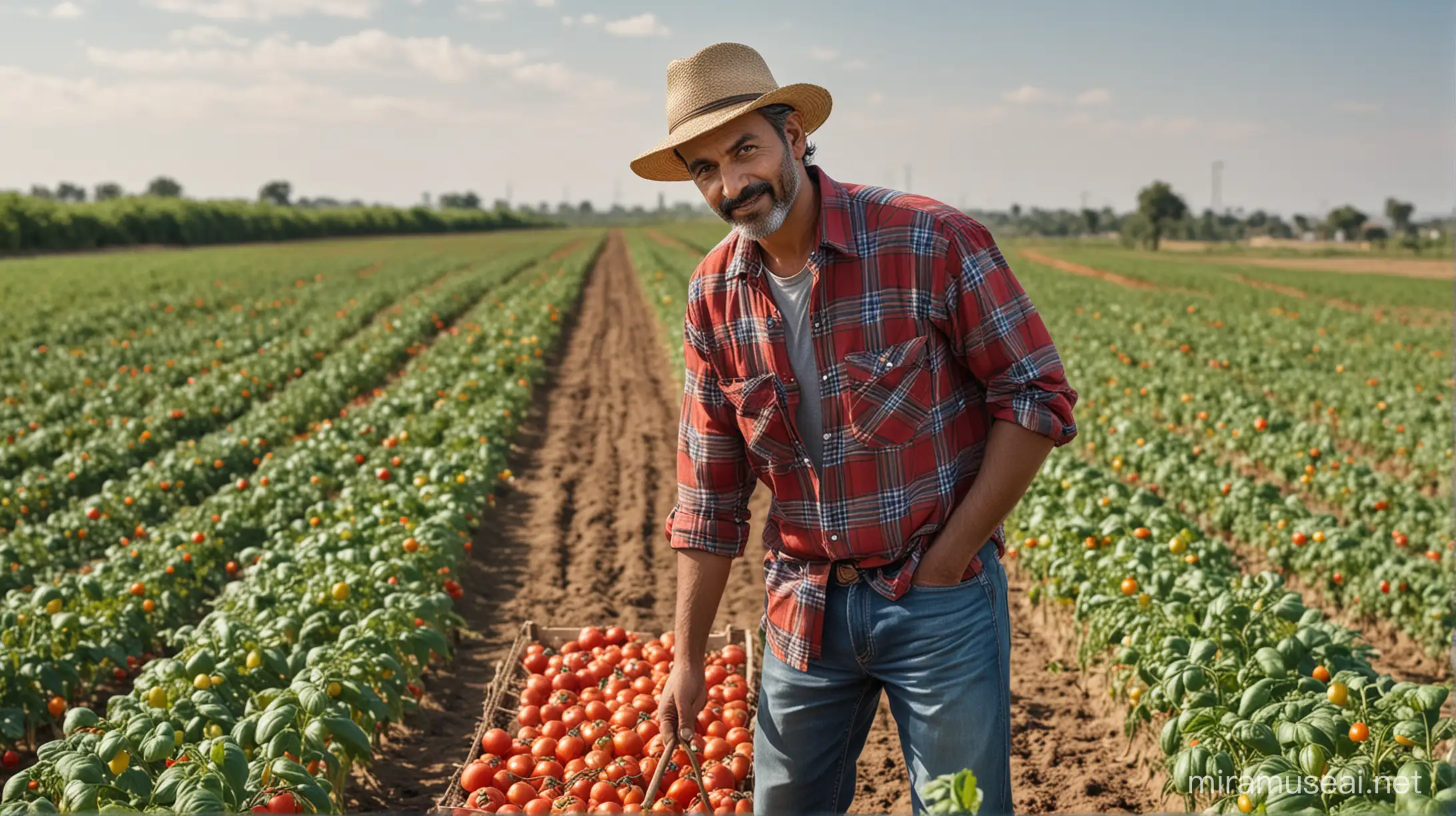 Create an image of a realistic farmer in a field, showcasing the contrast between two types of tomato harvests using regenerative farming techniques. The farmer, a middle-aged South Asian man, is wearing a plaid shirt, denim jeans, and a straw hat. He stands proudly in the center, with organic fertilizer near him. On his left, display a lush, vibrant section of the field with premium quality, bright red tomatoes, symbolizing high yield and income benefits. On his right, illustrate a neglected part of the field with poor-quality, wilted tomatoes. The background should feature a clear sky and the hint of a digital irrigation system, emphasizing the impact of technology on agricultural efficiency.