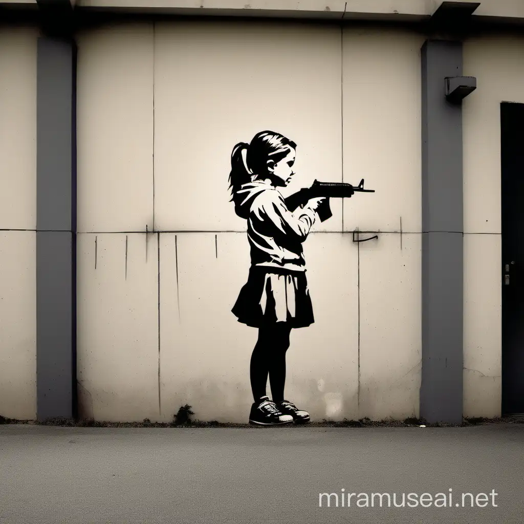 create me an image in banksy style of a girl scared of a school shooting. The picure must be on a wall and not touching the ground.