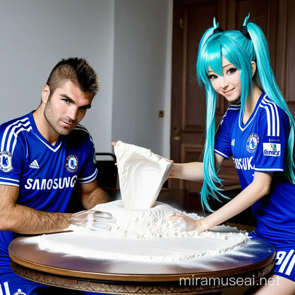 Adrian Mutu and Hatsune Miku wear Chelsea shirt and have flour on table