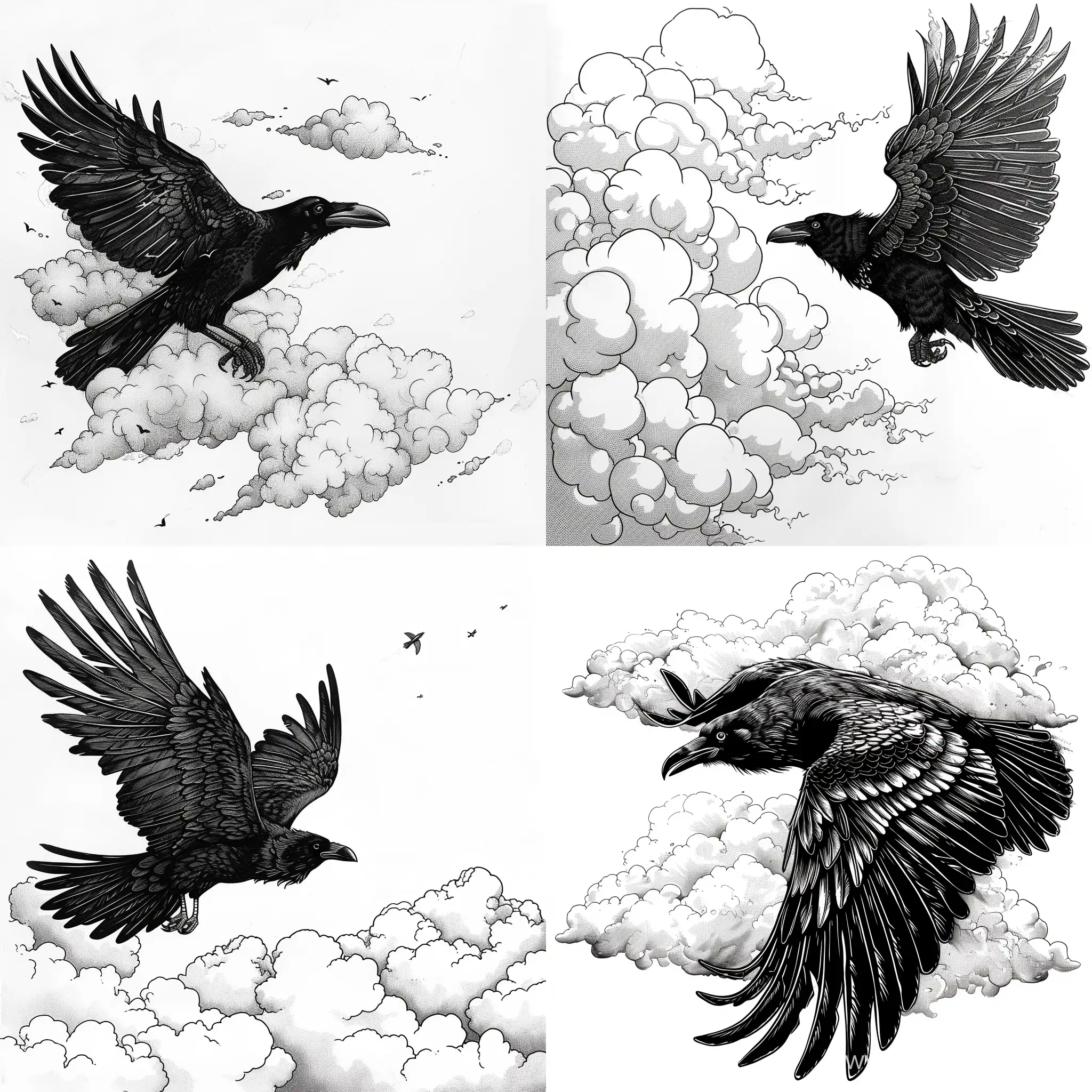 Black-white sketch of black Ravenna fly above clouds