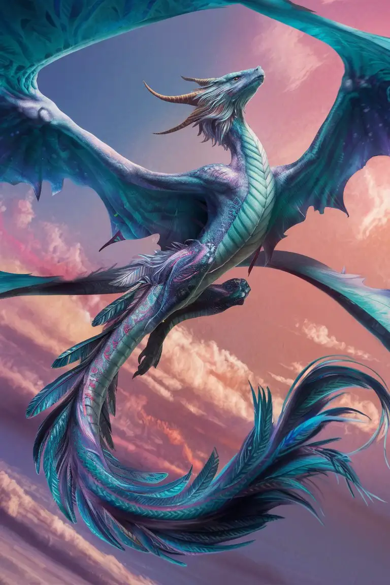 Dragonair,8k,insanely detailed,polar blue,pretty tail,colourful,sky,fantasy art