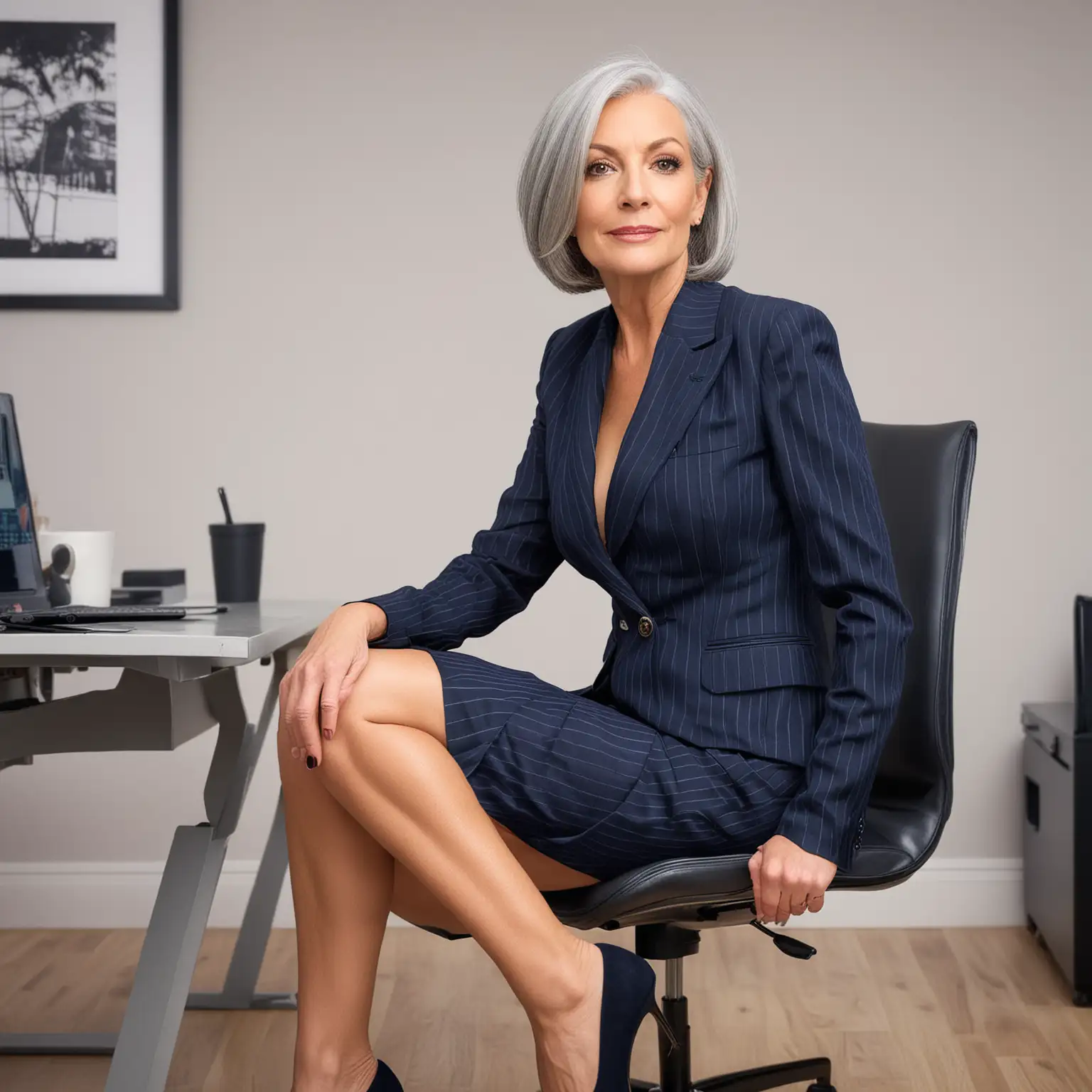 a slim beautiful 60 year old woman with grey hair in a bob and big breasts wearing a skin tight navy pinstripe suit and short skirt and stilettos in an office chair