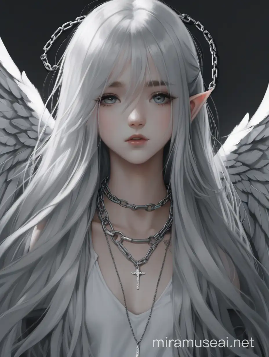A girl with long white hair, she has grey eyes, she has grey angel wings, she wears simple clothes, she has a tatoo of a chain around her neck and wrists