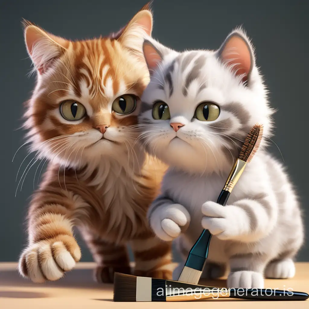 realistic render of cat holds a brush in his hand and makes eyebrows for another cat