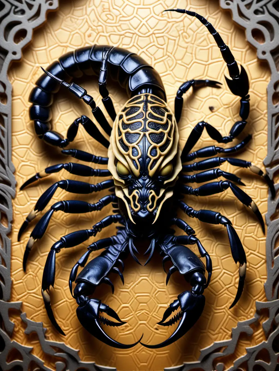 badass female scorpion , intricate background
