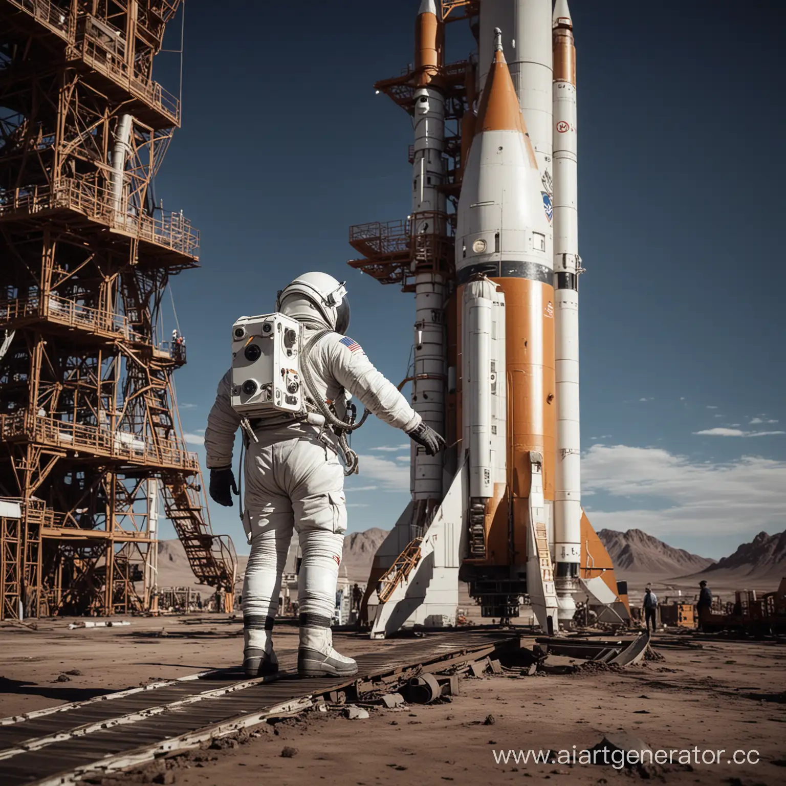 космонавт поднимается на борт ракеты на космодроме