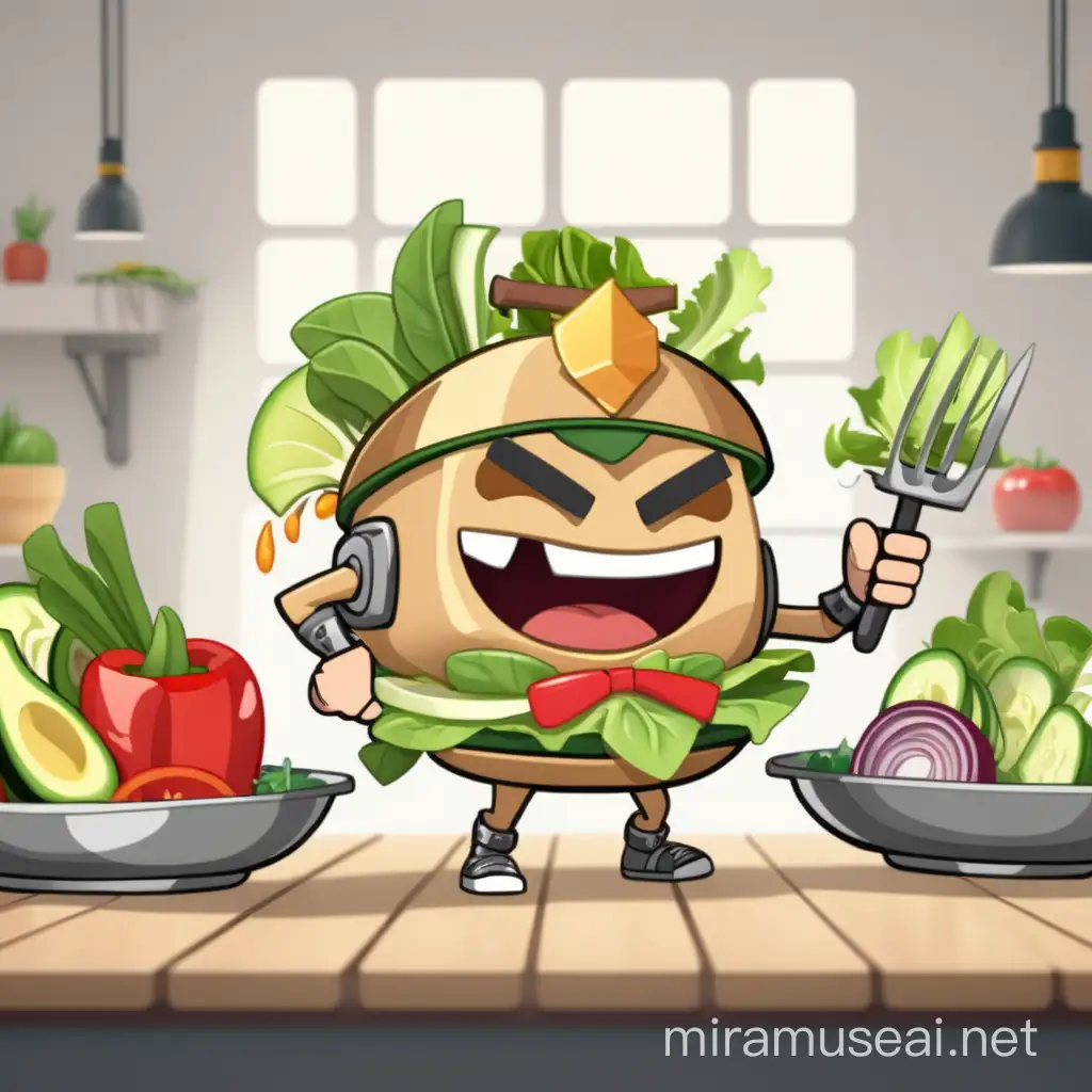 Colorful Salad Warrior Vibrant 2D Animation Illustrating a Culinary Hero