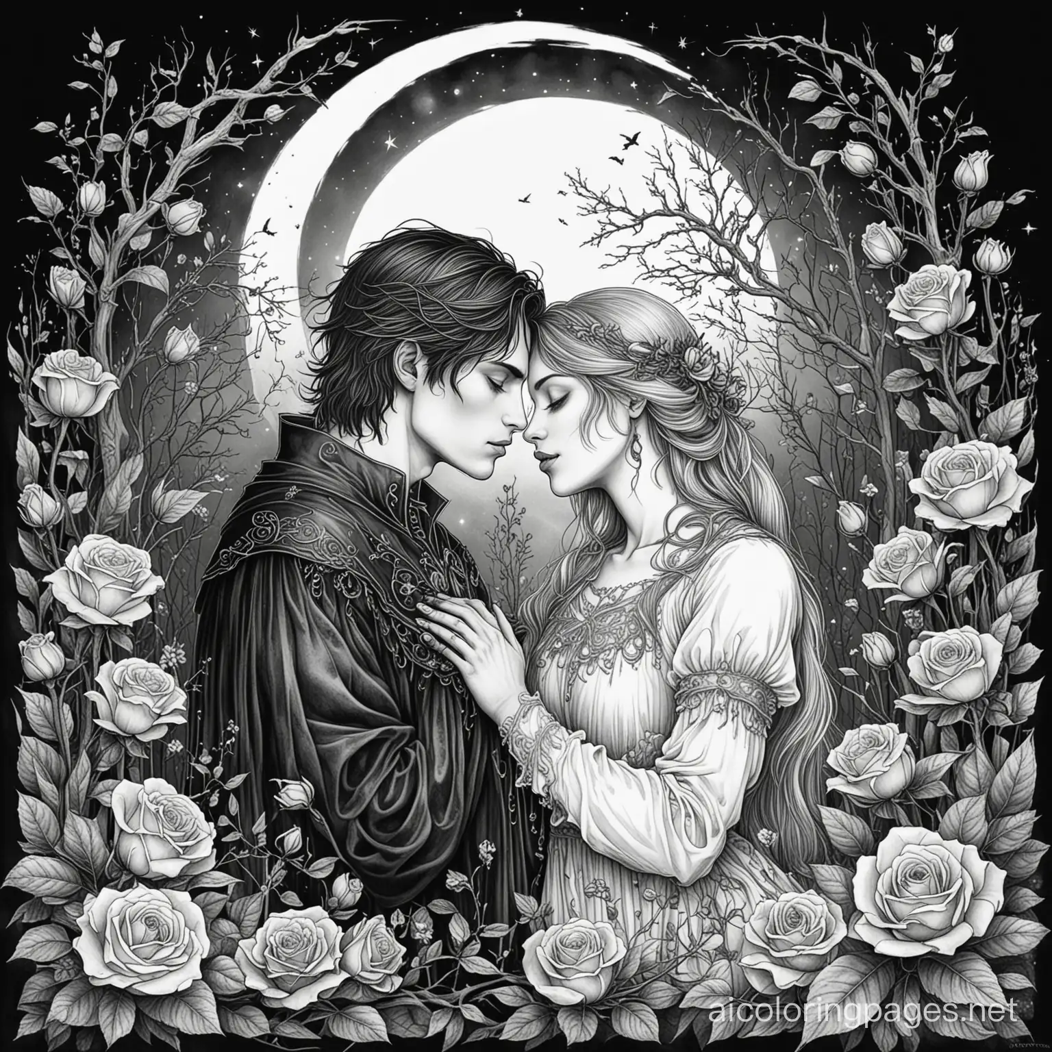 dark romance a gothic couple in a embrace surrounded by roses thorns and moonlight, Coloring Page, black and white, line art, white background, Simplicity, Ample White Space. The background of the coloring page is plain white to make it easy for young children to color within the lines. The outlines of all the subjects are easy to distinguish, making it simple for kids to color without too much difficulty