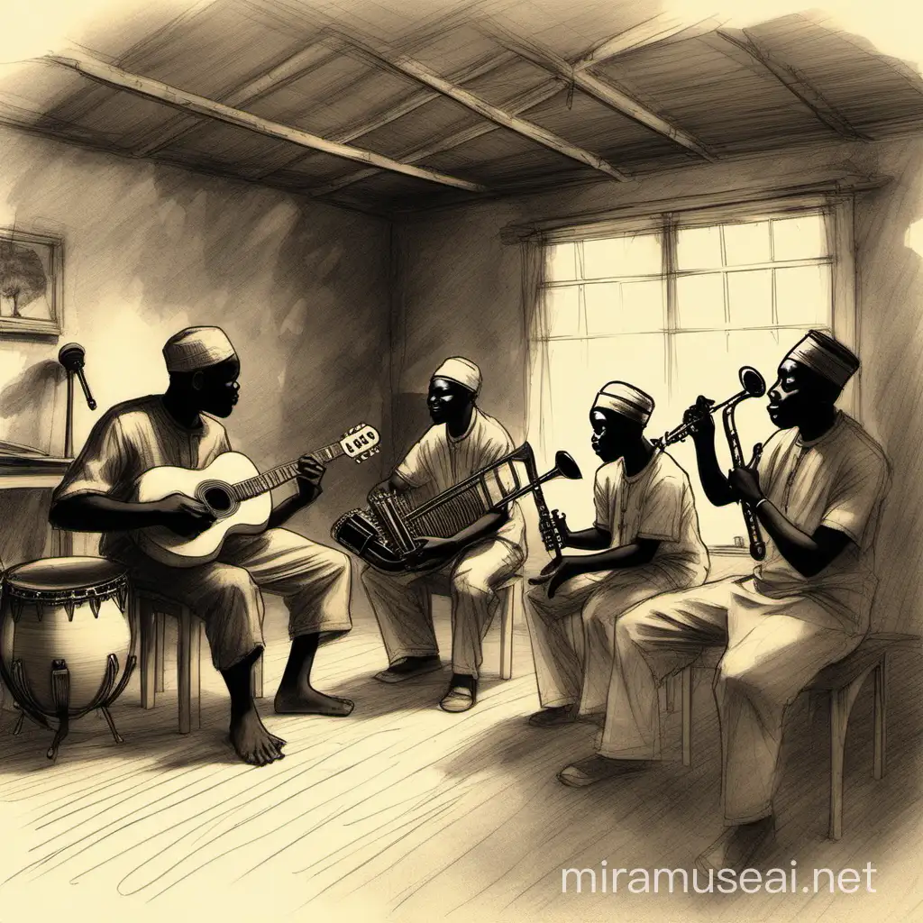 Four African Musicians Performing in a Vibrant Room