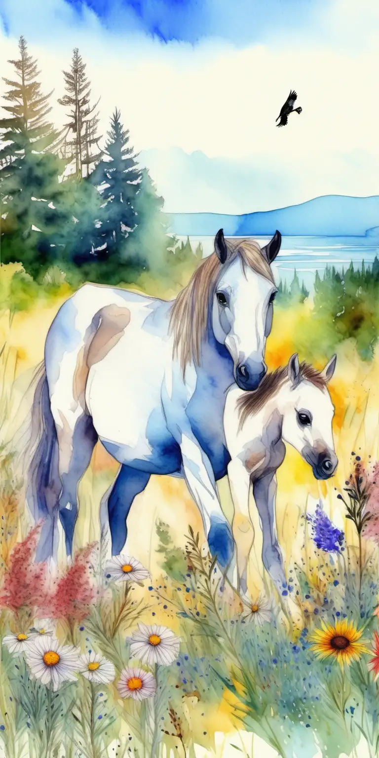 A mare with a foal is grazing in a meadow, meadow flowers in different colors, spruce forest in the background, over the clear blue sky a sea eagle flies, detailed, watercolor, archaic , artistic, modern 