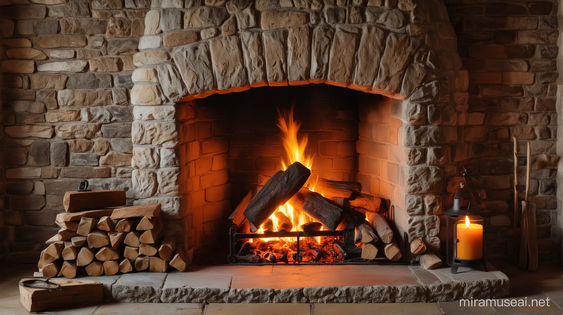An old well-maintained English fireplace made of stone in close-up. The fireplace has a classic shape with an open firebox. The fireplace has masonry, a grate and a woodcutter. There is wood in the fireplace and a fire is burning. The fire has a bright orange color and the flames rise up. The room is dim.