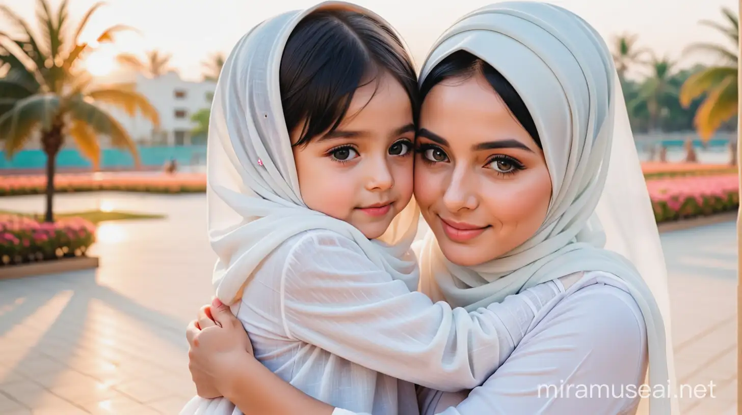 a beautiful woman wearing a white hijab was hugging a little girl with black hair