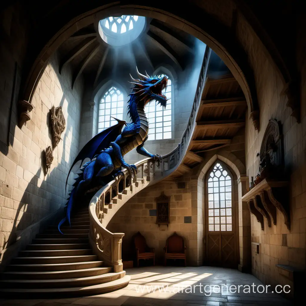 злобный дракон принюхиваясь осторожно всеми лапами спускается в зал по винтовой лестнице в триумфальном зале замка, за спиной атрибуты средневековья на стене, справа камин и слева большое окно, за которым голубое небо с облаками