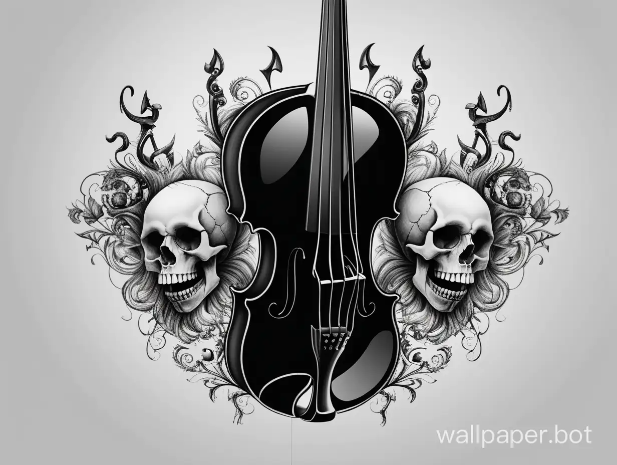 black violin upside down, allusion to a skull head, fantastic drawing, logo illustration,