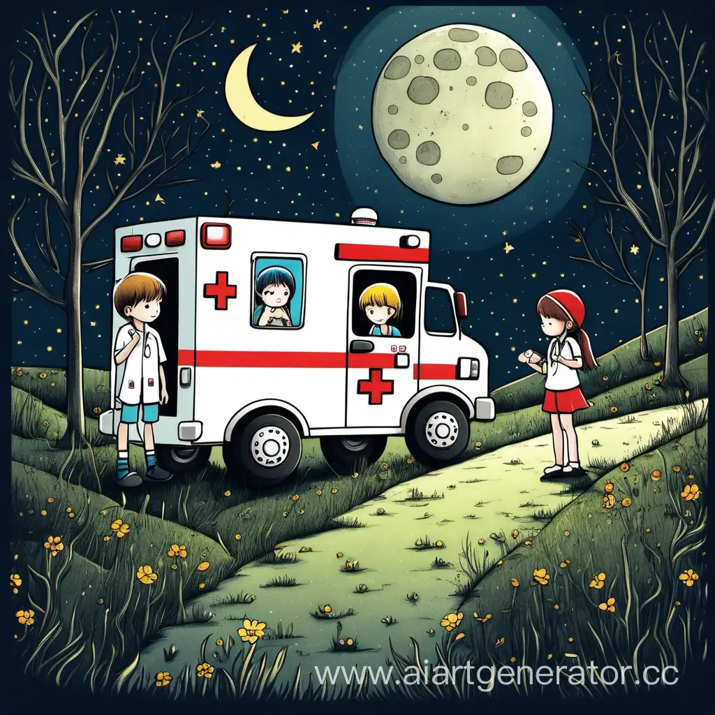 Children-Waiting-Under-Moonlight-by-Ambulance-at-Night