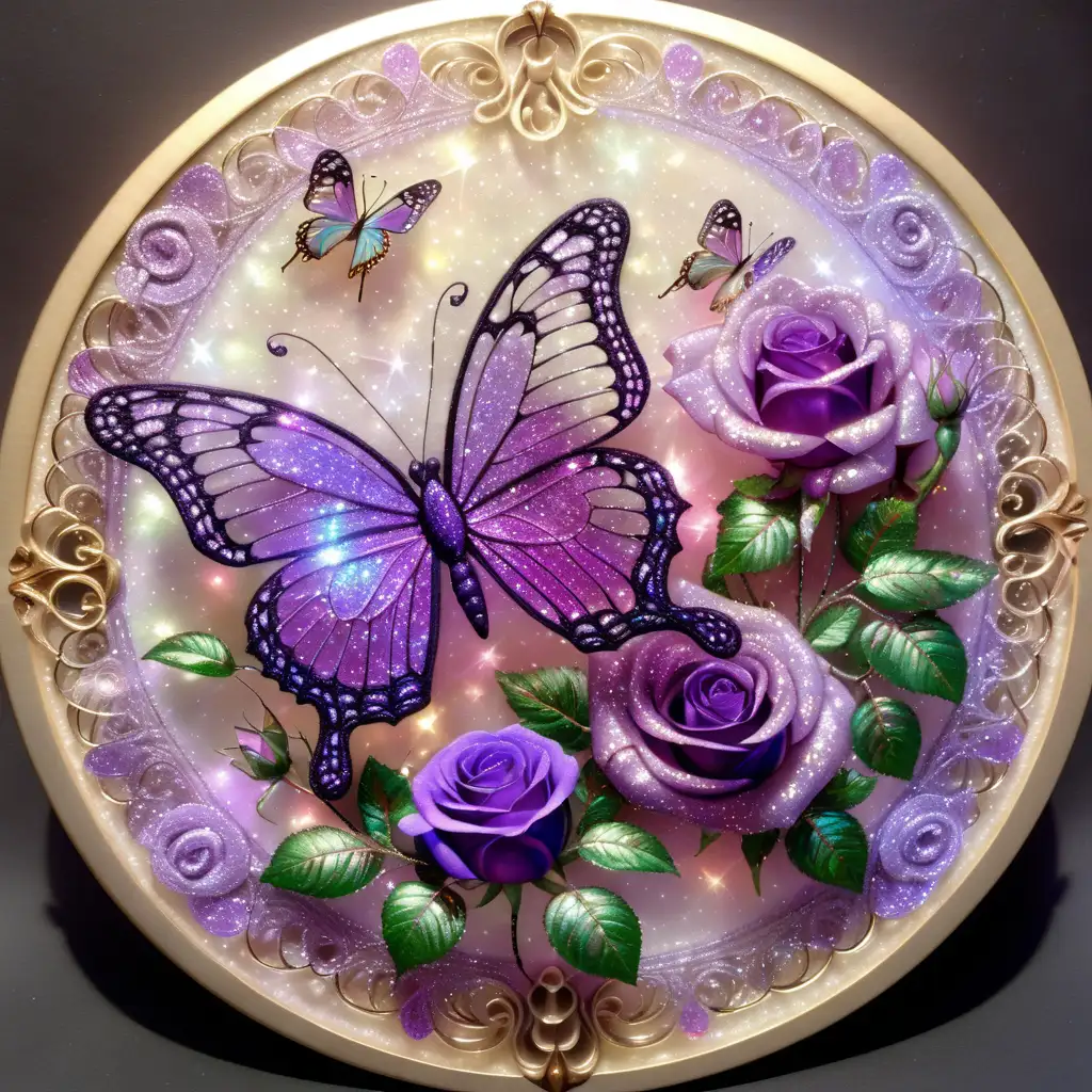 Glowing Butterfly and Roses on Canvas Purple Iridescent Glitter Art