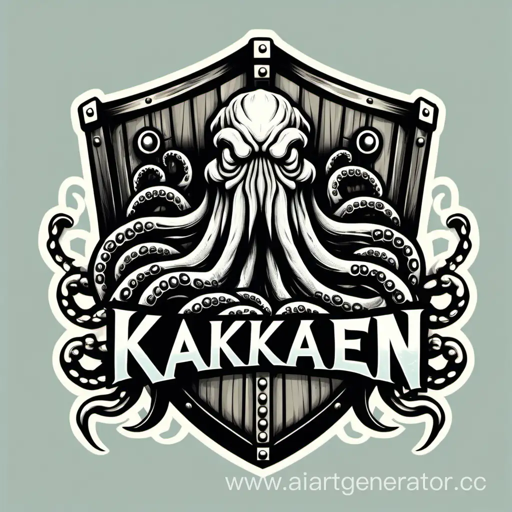 Shield with "kraken team" inscription of a giant kraken guarding a treasure chest. logo style