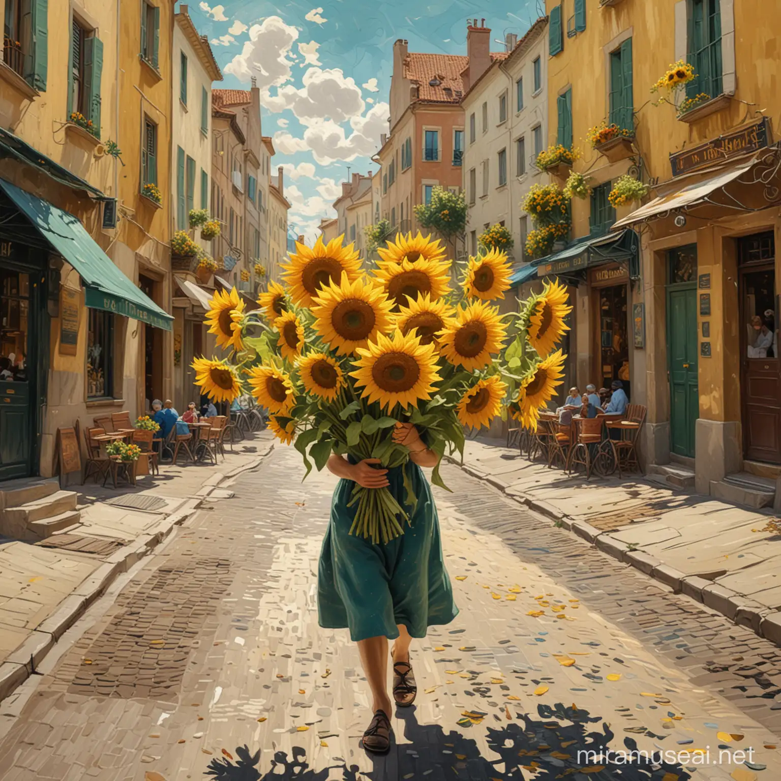 Sonnenblumen wirbeln durch die Luft. Van gogh stil. Der maler spaziert durch die Straßen 