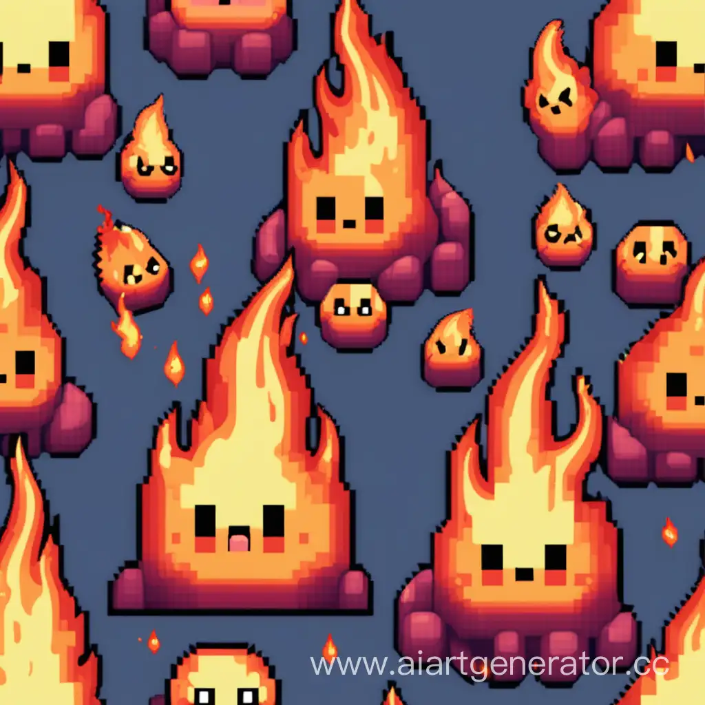 Fiery slime, slime, computer game, pixel art, lots of fire