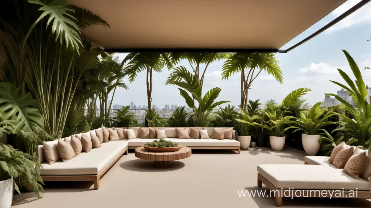 Spacious Tropical Rooftop Terrace with Lush Plants and Outdoor Living Space