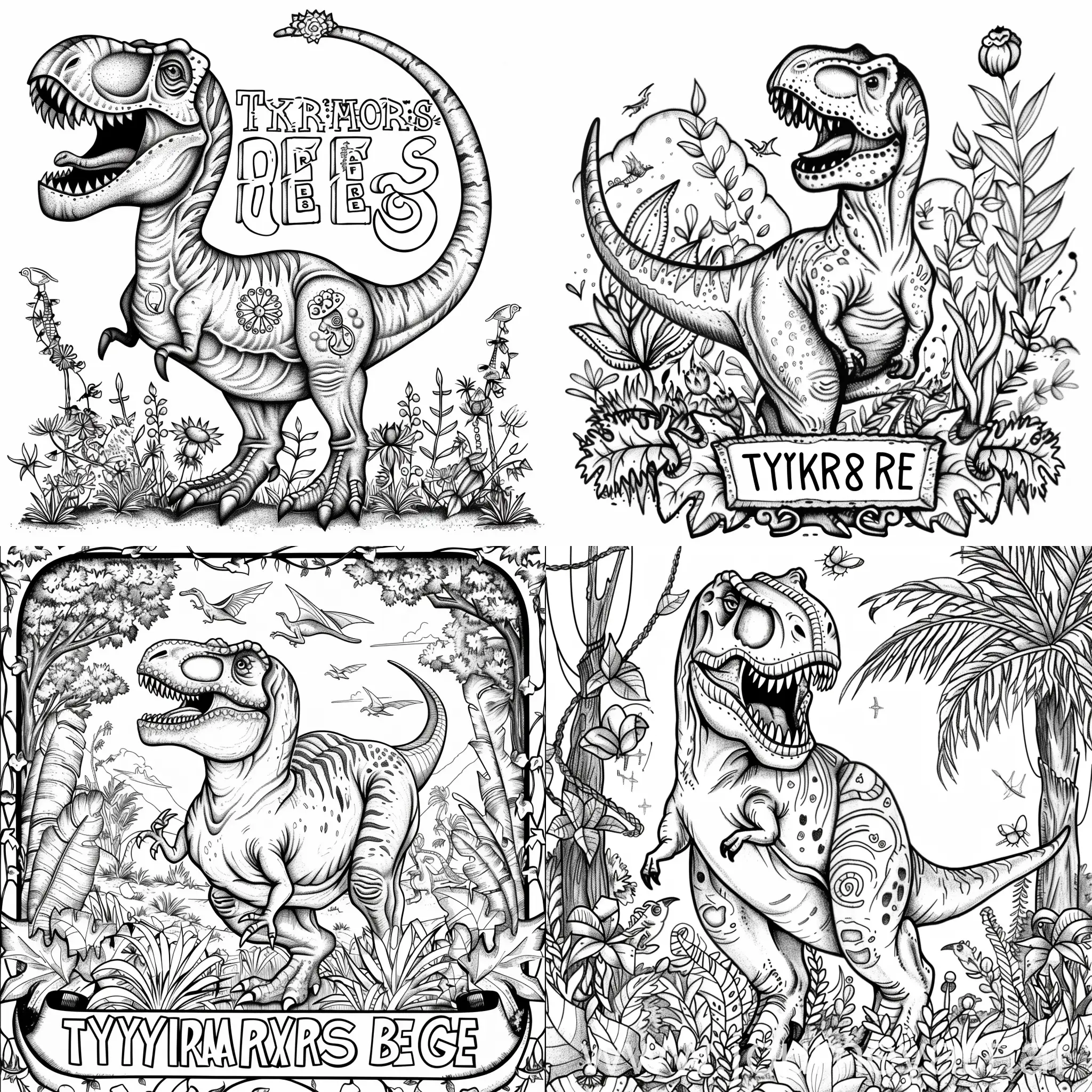coloring book page of Tyrannosaurus rex black and white cute that says Tyrannosaurus rex the word