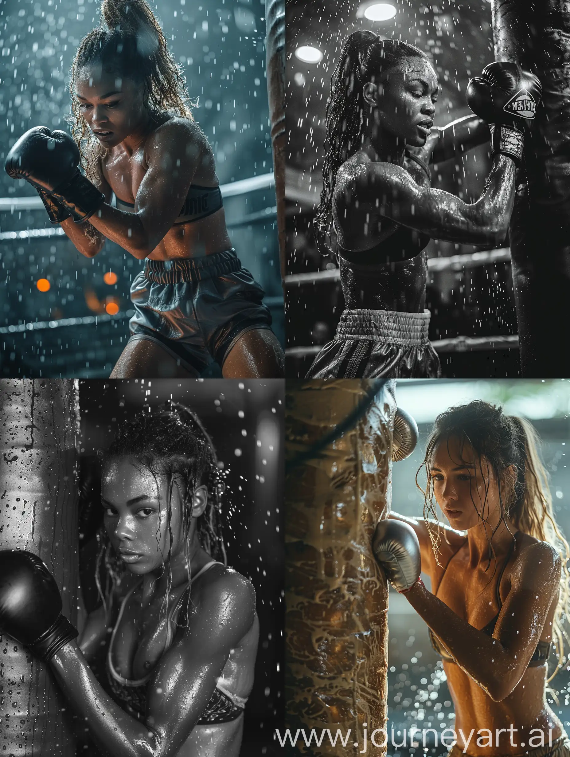 Powerful female boxer training in the gym, striking a punching bag, high muscular sigma body definition, wearing boxing casual dress, sweat glistening, dynamic action pose, in the style of a sports photography shot by Annie Leibovitz --ar 3:4 --s 650 --v 6