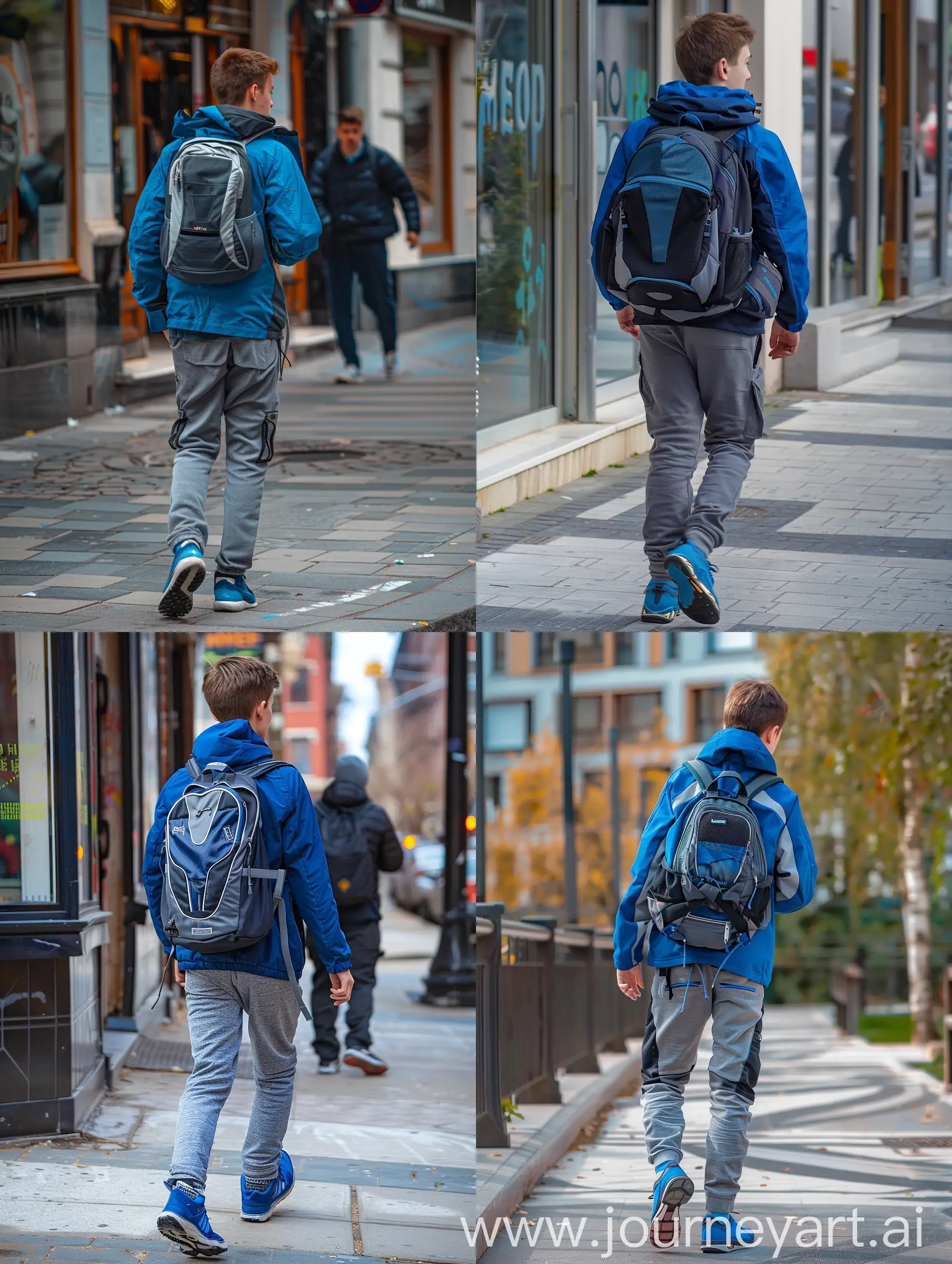 A 18 years old guy, wearing blue jacket, grey pants, and blue shoes, brown short hairs, with a black, grey and black backpack, walks on a sidewalk, seen at half between back and sideway.