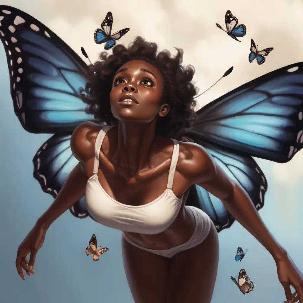 Dark skin woman flying, butterfly wings, looking up