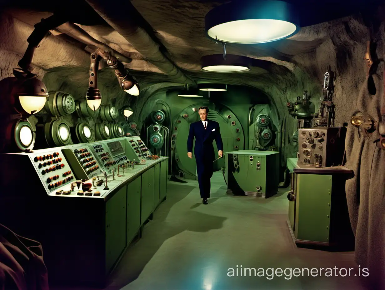 ((Full color photo)) of a 1940s spy movie villain's secret underground lair interior, exotic location, 1940s futuristic robots