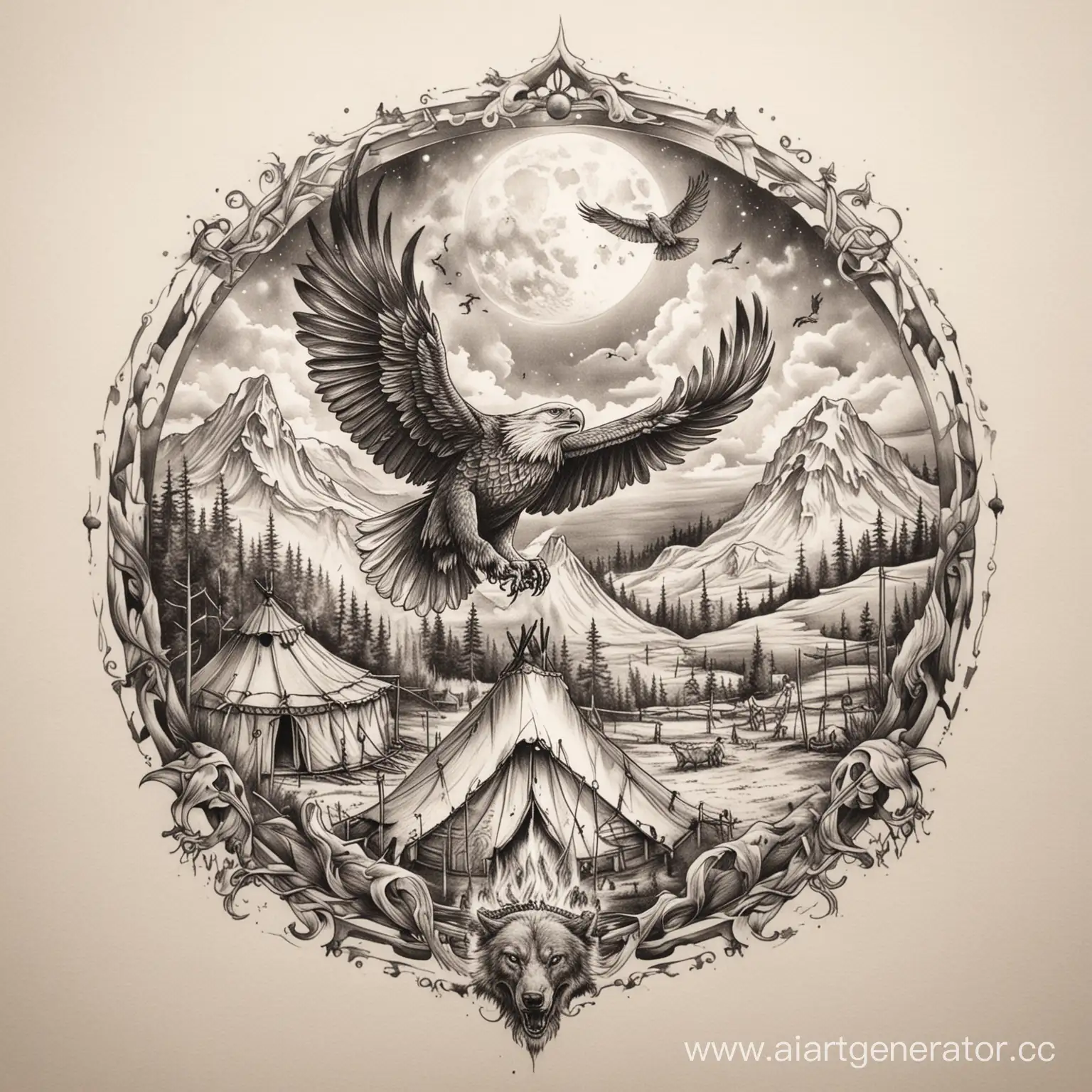 Eagle-Tattoo-Design-with-Yurt-Galloping-Horses-and-Moonlit-Wolf-Snarl