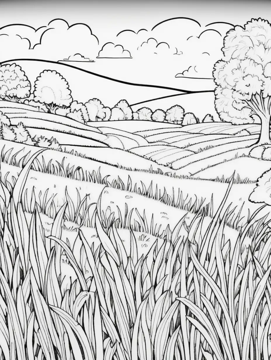 image of a coloring book grassy field. cartoon style. black and white. high detail. UHD. No shading.
