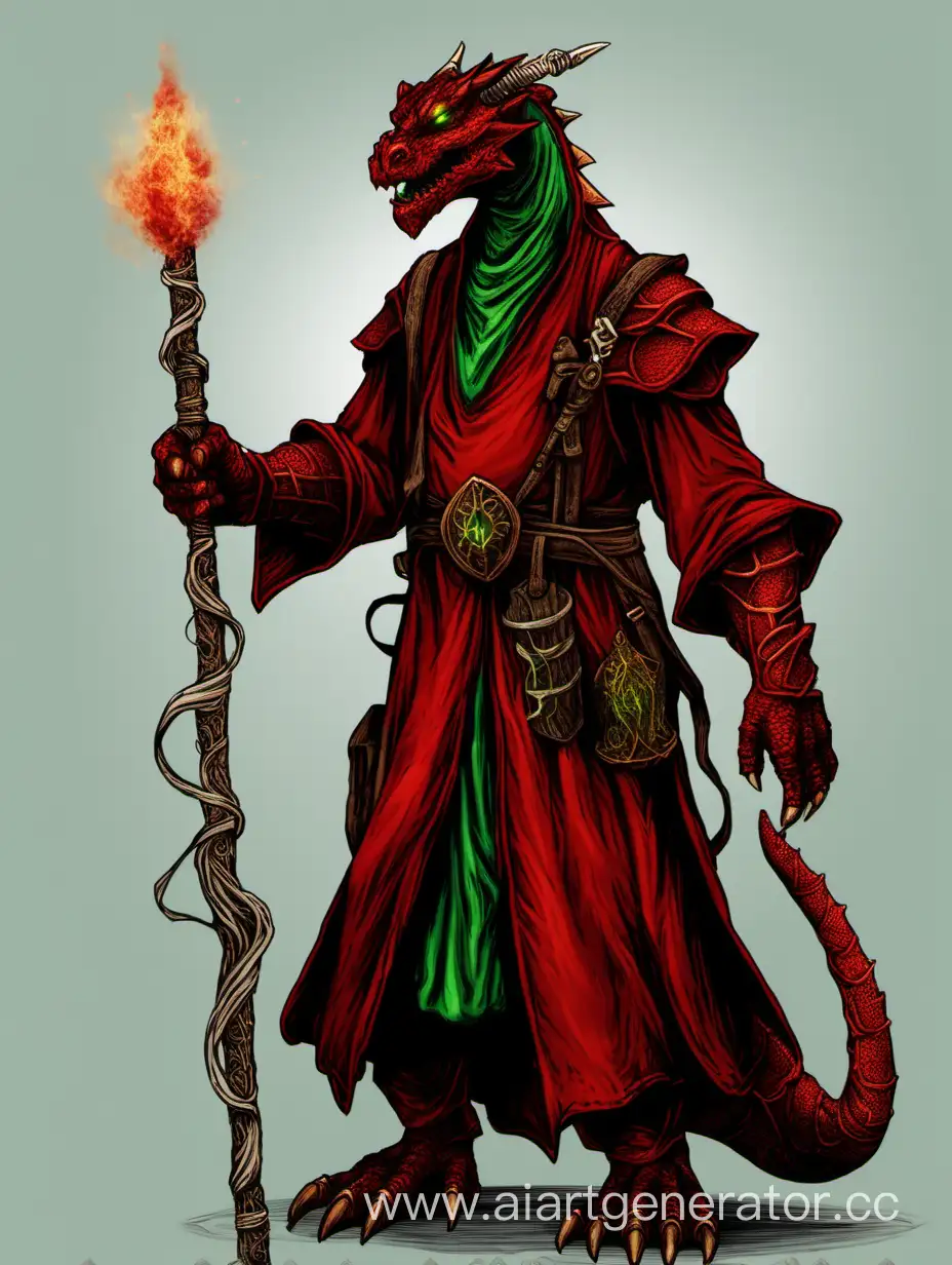 красный драконорожденный волшебник с посохом с зелёными глазами