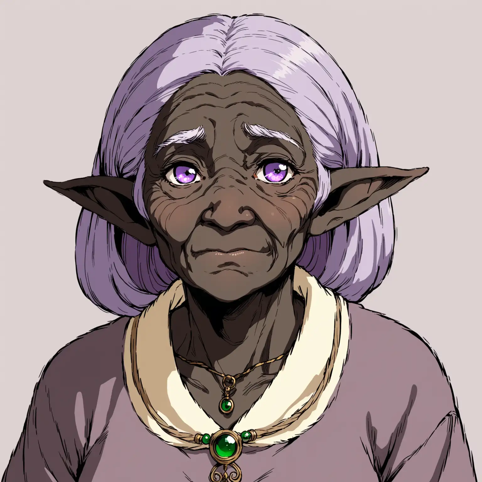 elderly, wrinkly female elf, with very dark black skin, light purple eyes, and dark purple hair. Ghibli style. no background