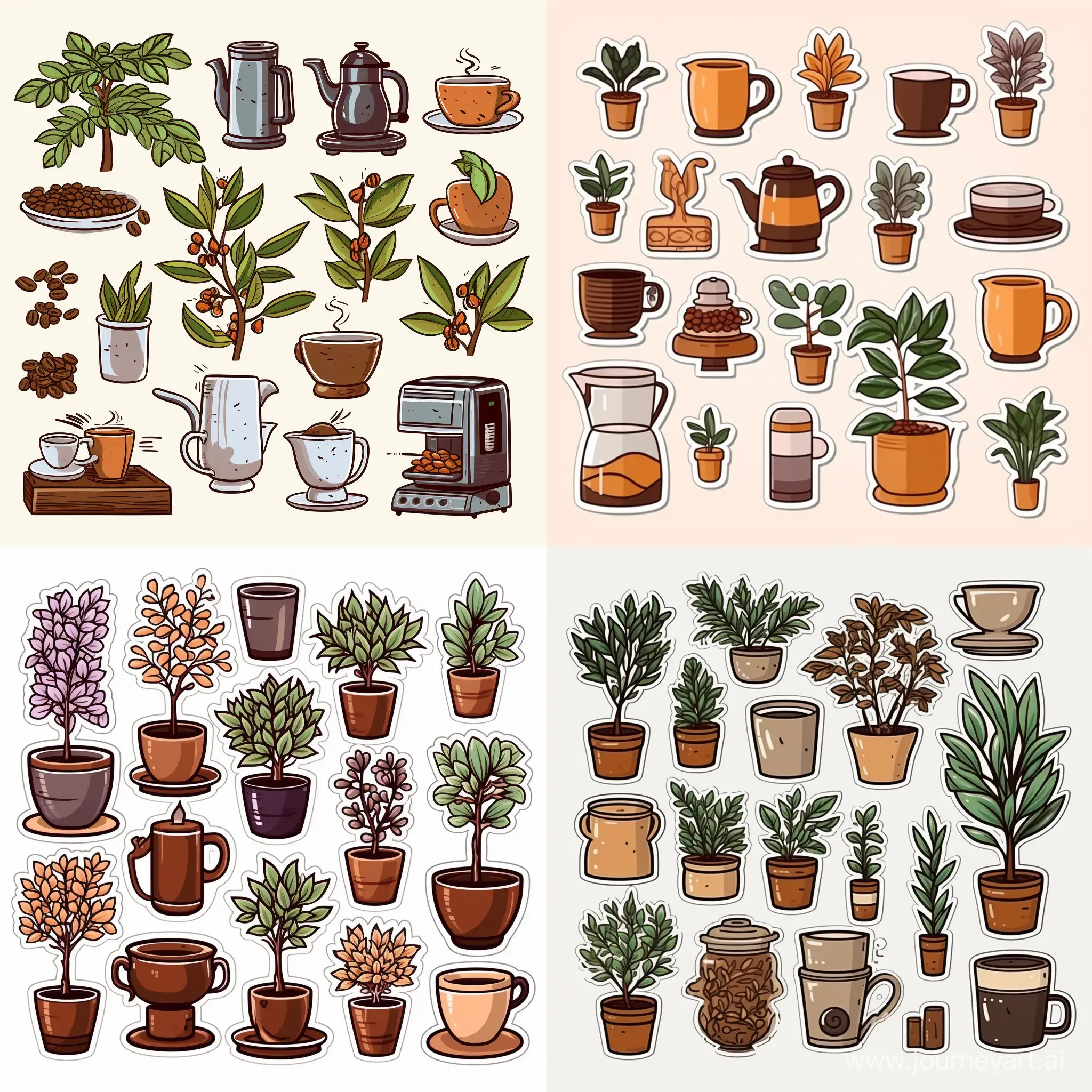 create a set of stickers for cafe, coffee, coffee beans, coffee machine, trees, plants. 

transparent background, stroke line, hand-drawn, each sticker size 1X1 