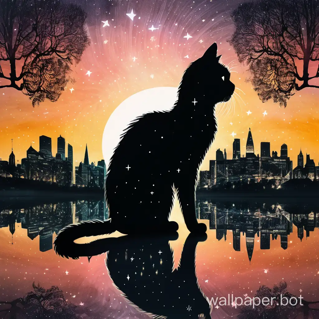 Double exposure, dual exposure!! Front view :: The beautiful sunset dripping into a world of trees and cities and stars forming a SILHOUETTE black cat!! Intricate, hyperdetailed, maximalist"
