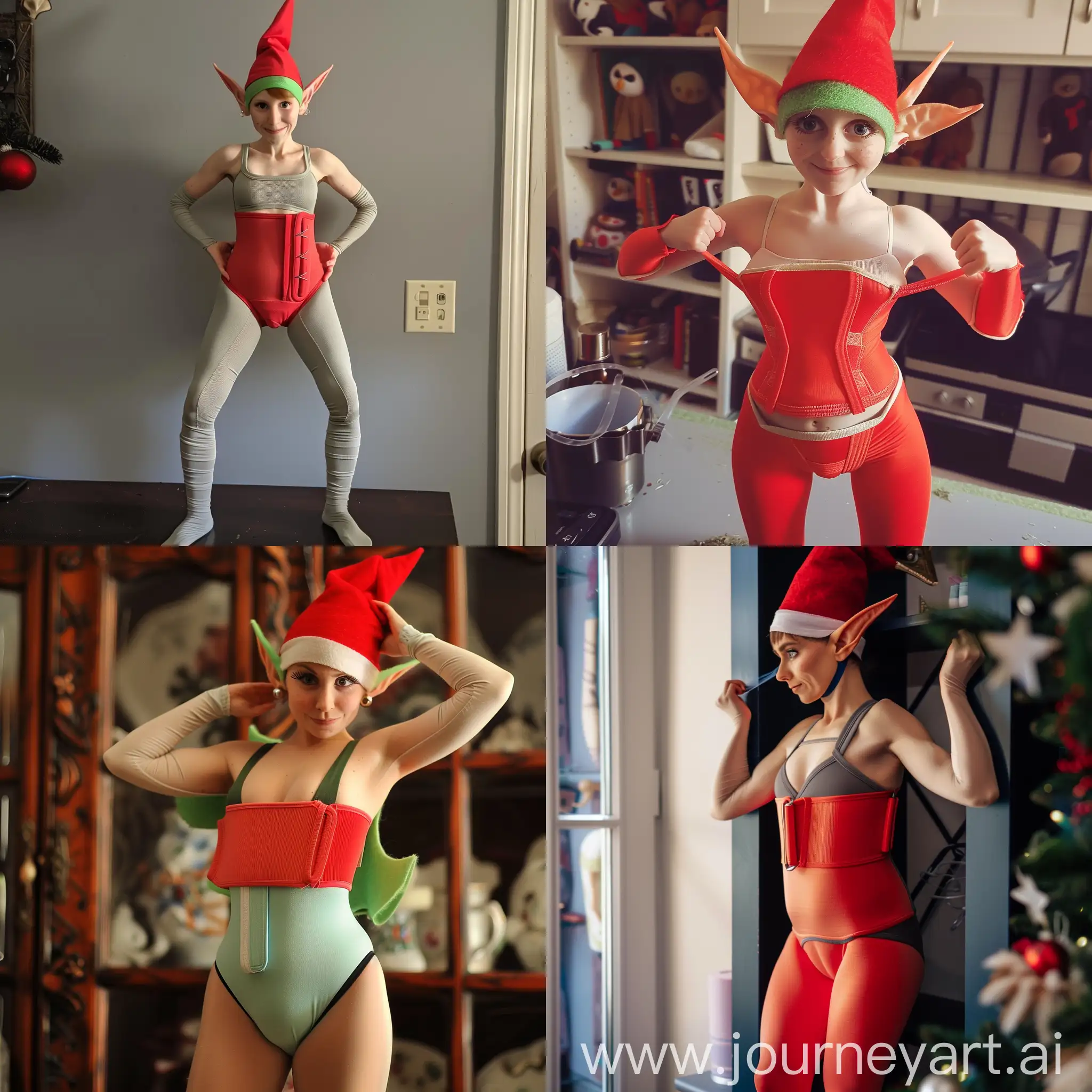 an elf trying on shapewear