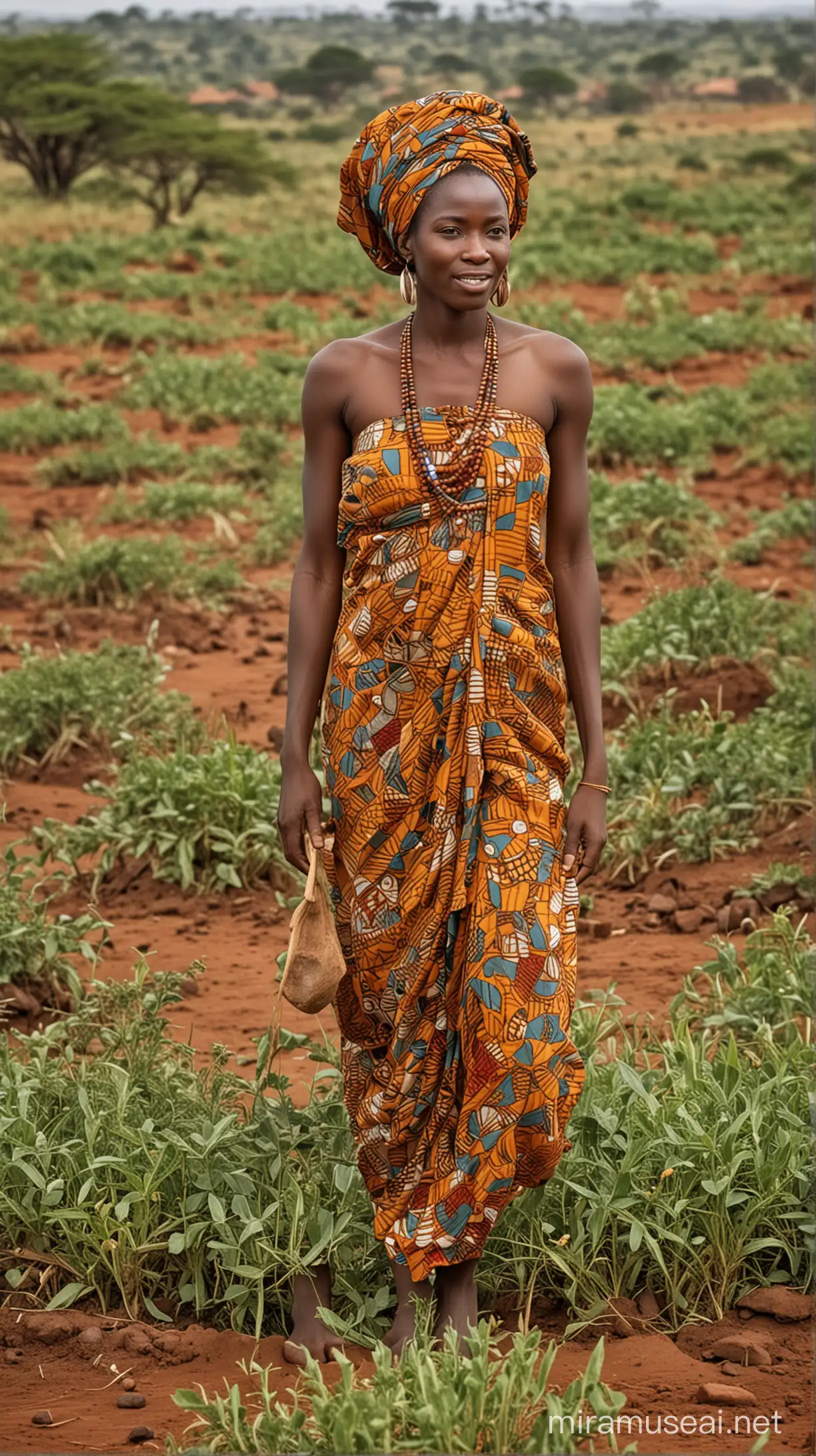 Generate an image showcasing the natural beauty and abundance of resources in Africa, highlighting the fertile lands and the hardworking people who nurture them.