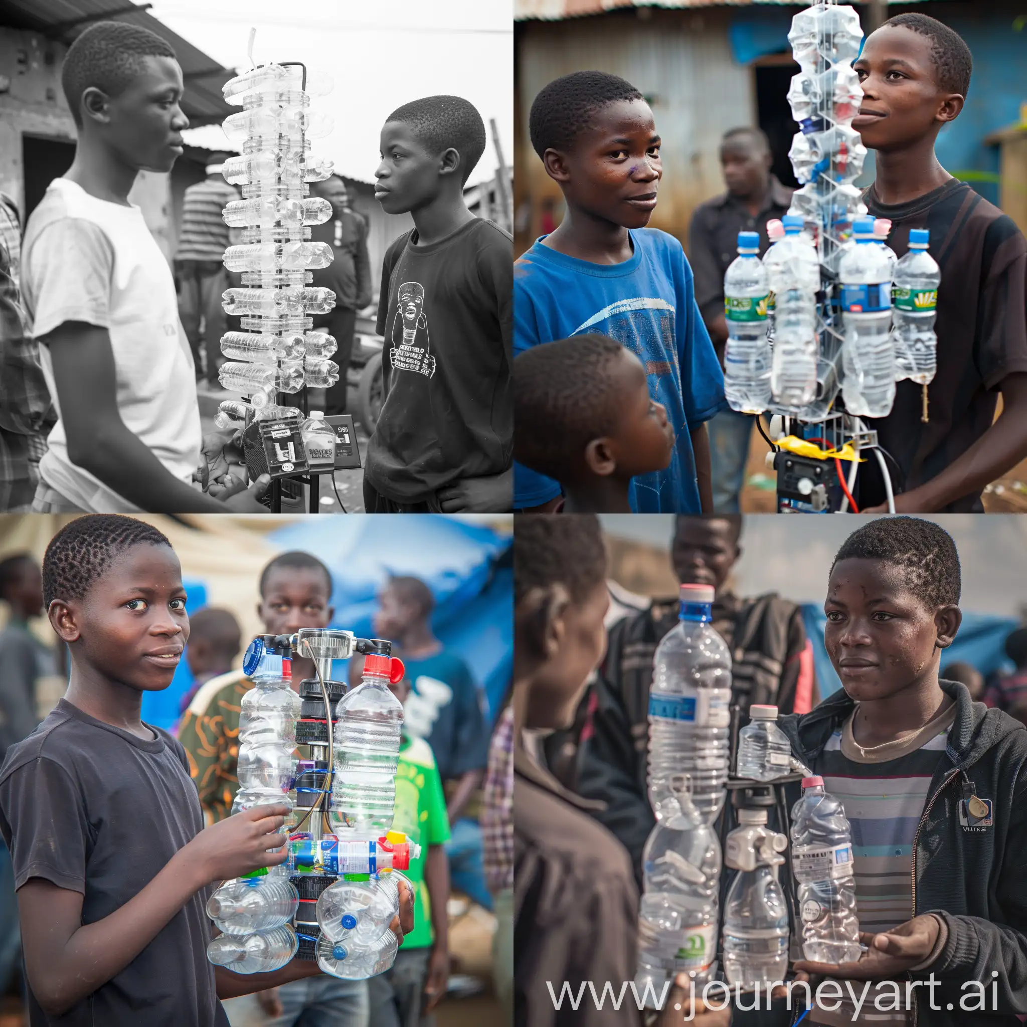 pass through the following image prompt      photo of a young adult African prodigy.  He is proudly showing the news crew his water purification system constructed from nothing but plastic bottles and recycled materials.  He is in a developing country. He is facing the camera/ viewer ISO 800, F1/8, 10mm lens