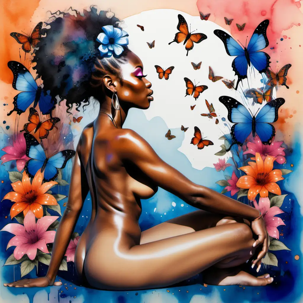 This is an artwork depicting a side profile of an unclothed African woman sitting with her legs pulled close. Her hair is a magnificent array of flowers and butterflies, blending into a colorful background with a watercolor effect. The colors are vibrant, featuring shades of blue, pink, orange, and splashes of black ink. The woman's features are finely detailed, with prominent eyelashes and hoop earrings, adding to the artwork's stylized aesthetic.